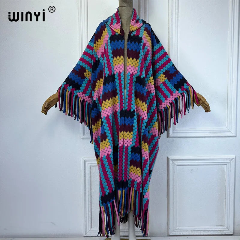 WINYI African Winter color printed tassel hooded cardigan woman abaya outfits for women coat Open Front Kimonos long down poncho